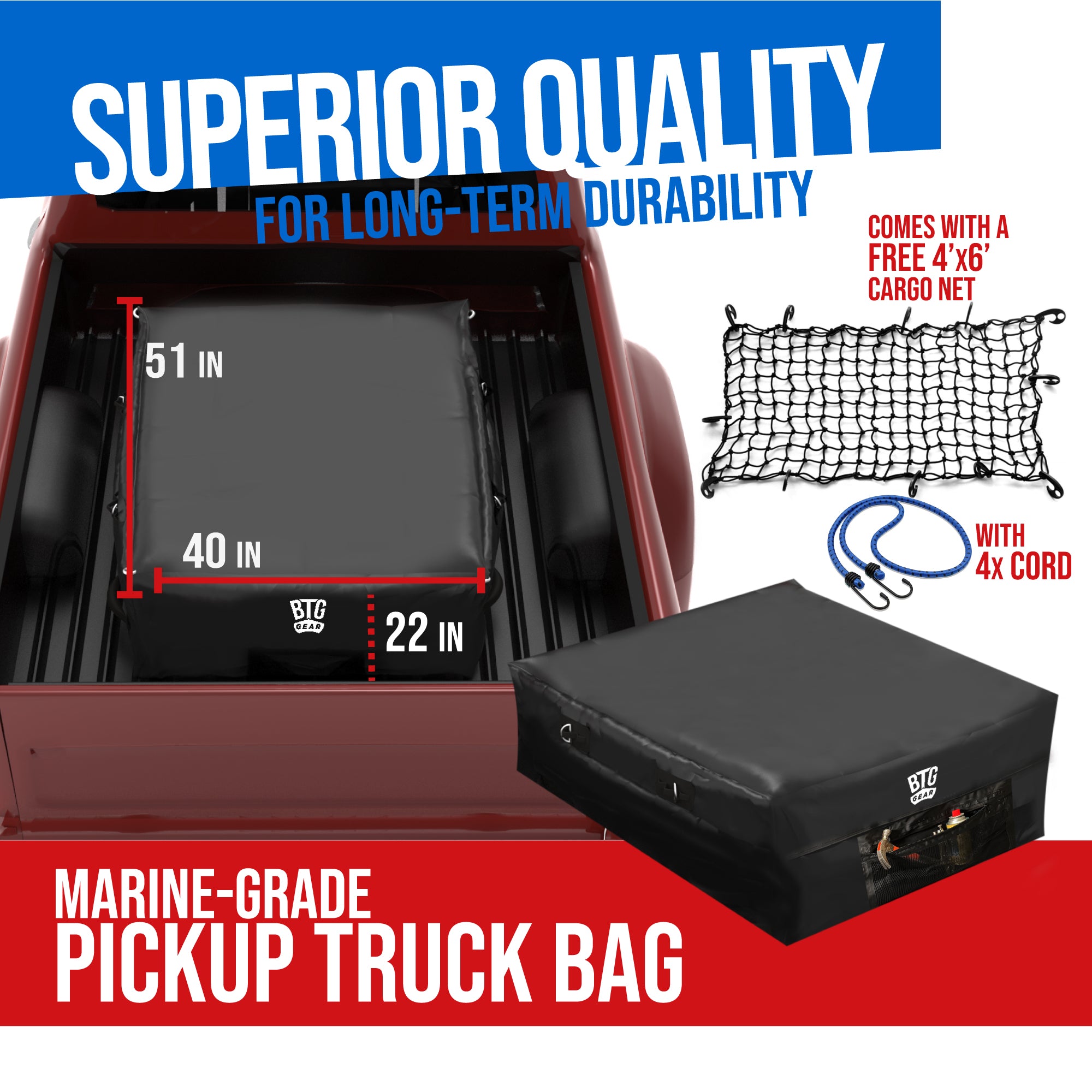 Pickup Truck Cargo/Storage Bag w/Cargo Net, 100% Waterproof + Front Pocket